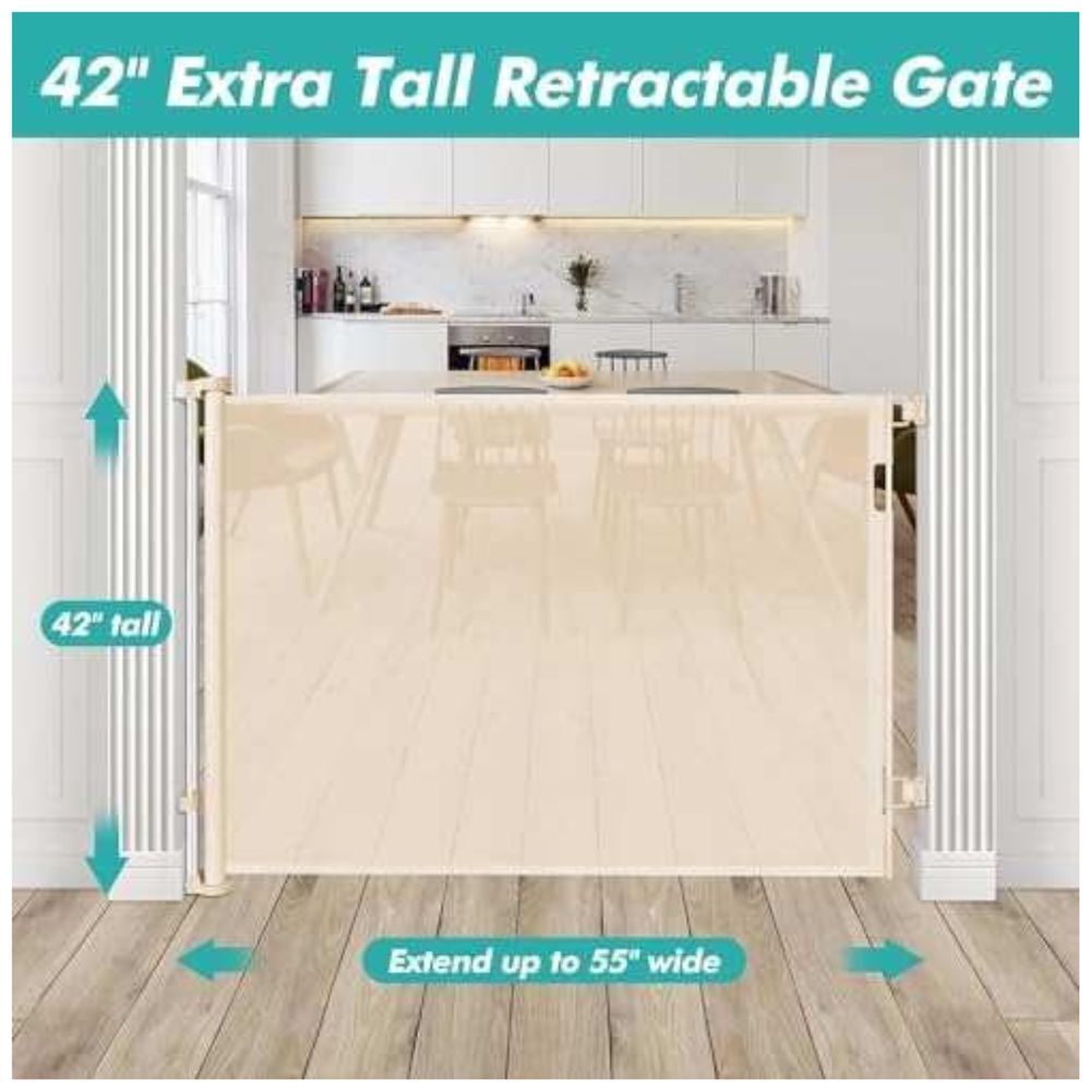 42-Inch Extra Tall Safety Retractable Gate 56" W Baby Dog Indoor Outdoor Beige - Picture 6 of 6